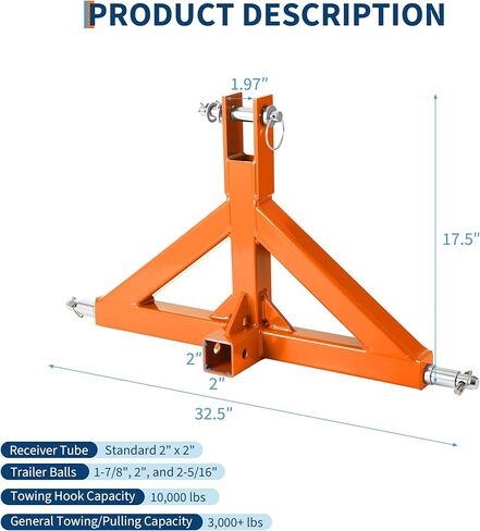 3 Point Hitch Receiver 2" with Towing Ball Mount and Hook - 10,000LB Capacity - Category 1 Quick Attach Adapter for Tractor Implements - Compatible with Kubota, Kioti, BX, Yanmar in Kuwait
