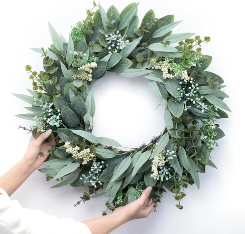 Eucalyptus Wreaths 22" Large Artificial Greenery Outdoor/Indoor Wreath Spring/Summer/Winter Wreath Green Wreaths for Front Door Porch Window Wall Hanging Decor All Year Round Wre-ath（Green） in Saudi Arabia