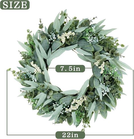 Eucalyptus Wreaths 22" Large Artificial Greenery Outdoor/Indoor Wreath Spring/Summer/Winter Wreath Green Wreaths for Front Door Porch Window Wall Hanging Decor All Year Round Wre-ath（Green） in Saudi Arabia