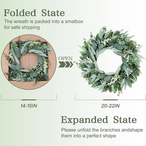 Eucalyptus Wreaths 22" Large Artificial Greenery Outdoor/Indoor Wreath Spring/Summer/Winter Wreath Green Wreaths for Front Door Porch Window Wall Hanging Decor All Year Round Wre-ath（Green） in Saudi Arabia