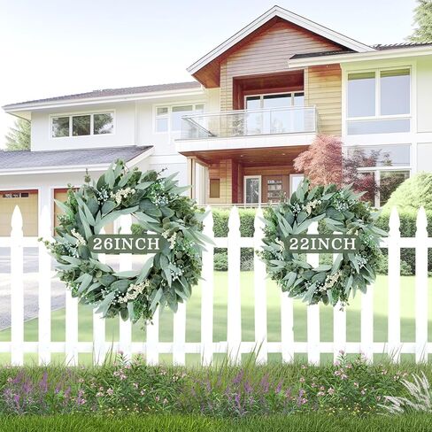 Eucalyptus Wreaths 22" Large Artificial Greenery Outdoor/Indoor Wreath Spring/Summer/Winter Wreath Green Wreaths for Front Door Porch Window Wall Hanging Decor All Year Round Wre-ath（Green） in Saudi Arabia