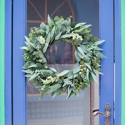 Eucalyptus Wreaths 22" Large Artificial Greenery Outdoor/Indoor Wreath Spring/Summer/Winter Wreath Green Wreaths for Front Door Porch Window Wall Hanging Decor All Year Round Wre-ath（Green） in Saudi Arabia