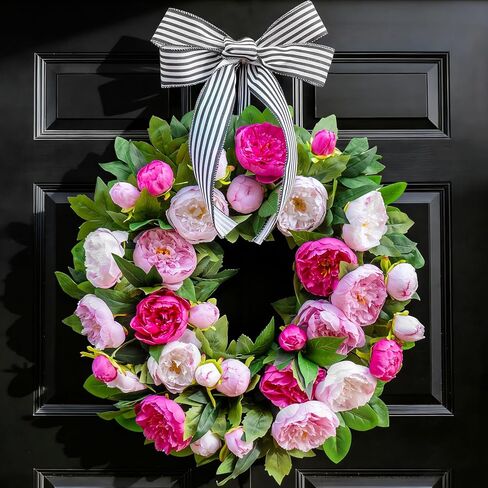 Spring Wreath for Front Door- 24 Inch Summer Wreath Artificial Pink & White Peony Flowers with Black and White Striped Bow, Spring and Summer Door Wreath with Hanging Ribbon for Indoor Outdoor Decor in Saudi Arabia