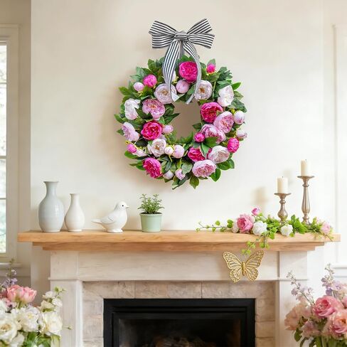 Spring Wreath for Front Door- 24 Inch Summer Wreath Artificial Pink & White Peony Flowers with Black and White Striped Bow, Spring and Summer Door Wreath with Hanging Ribbon for Indoor Outdoor Decor in Saudi Arabia