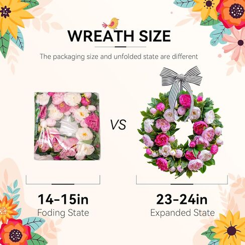 Spring Wreath for Front Door- 24 Inch Summer Wreath Artificial Pink & White Peony Flowers with Black and White Striped Bow, Spring and Summer Door Wreath with Hanging Ribbon for Indoor Outdoor Decor in Saudi Arabia