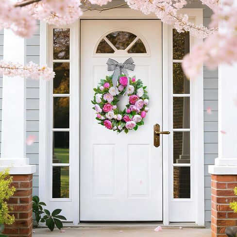 Spring Wreath for Front Door- 24 Inch Summer Wreath Artificial Pink & White Peony Flowers with Black and White Striped Bow, Spring and Summer Door Wreath with Hanging Ribbon for Indoor Outdoor Decor in Saudi Arabia