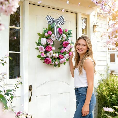 Spring Wreath for Front Door- 24 Inch Summer Wreath Artificial Pink & White Peony Flowers with Black and White Striped Bow, Spring and Summer Door Wreath with Hanging Ribbon for Indoor Outdoor Decor in Saudi Arabia