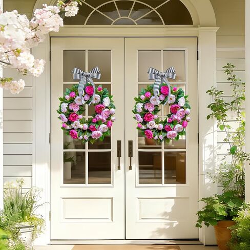 Spring Wreath for Front Door- 24 Inch Summer Wreath Artificial Pink & White Peony Flowers with Black and White Striped Bow, Spring and Summer Door Wreath with Hanging Ribbon for Indoor Outdoor Decor in Saudi Arabia
