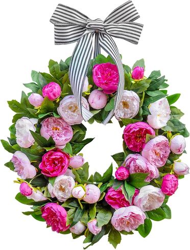Spring Wreath for Front Door- 24 Inch Summer Wreath Artificial Pink & White Peony Flowers with Black and White Striped Bow, Spring and Summer Door Wreath with Hanging Ribbon for Indoor Outdoor Decor in Saudi Arabia