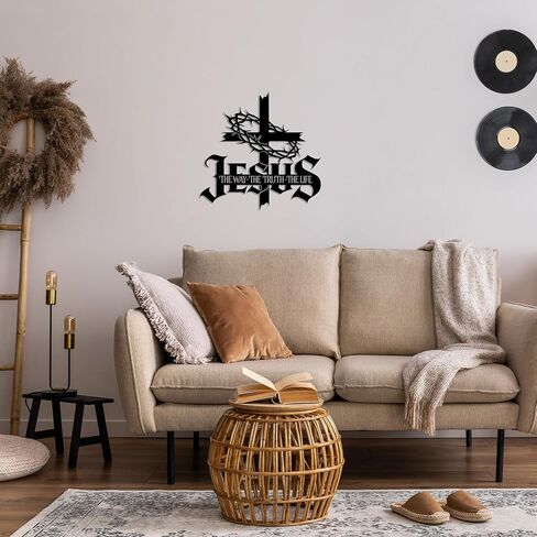 Jesus Wall Art Cross Wall Decor with Crown of Thorns - Metal Christian Wall Art "The Way The Truth The Life" Sign, Black Iron Religious Wall Art & Christian Wall Decor for Home Living Room Church in Saudi Arabia