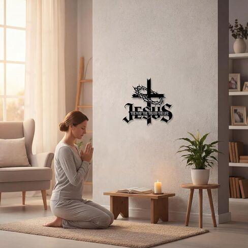 Jesus Wall Art Cross Wall Decor with Crown of Thorns - Metal Christian Wall Art "The Way The Truth The Life" Sign, Black Iron Religious Wall Art & Christian Wall Decor for Home Living Room Church in Saudi Arabia