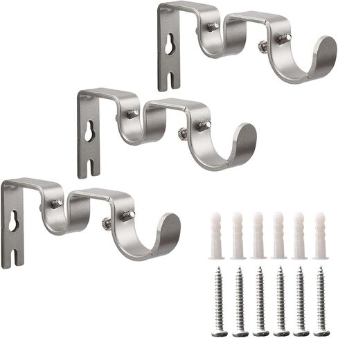 Double Curtain Rod Bracket 3 Pack Metal Curtain Rod Holders for Wall Sturdy Curtain Hook for 1 Inch Curtain Rod Silver Wall Mounted Curtain Rod Hooks for Home Office in Kuwait