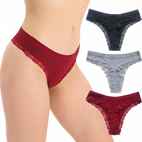 3 Pack Women's Cotton Ribbed Lace-Trim Thong Panties Sexy Stretch Low Rise Underwear in Saudi Arabia