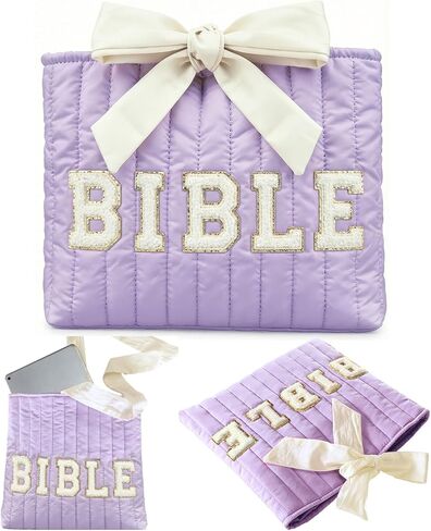 SATINIOR Pink Quilted Bow Bible Sleeve for Women Chenille Letter Bible Cover Case Padded Protector Washable Pouch Christian Gift for Girls Book Lovers in Kuwait