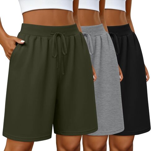 Neer 3 Pack Women's Bermuda Shorts Drawstring Elastic High Waisted Athletic Long Sweat Shorts Knee Length with Pockets in Saudi Arabia