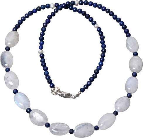 Natural Moonstone, Lapis Lazuli & Pearl Beaded Necklace, 925 Sterling Silver Clasp, Handmade Gemstone Jewelry for Women, Elegant Healing Crystal Necklace Gift in Saudi Arabia