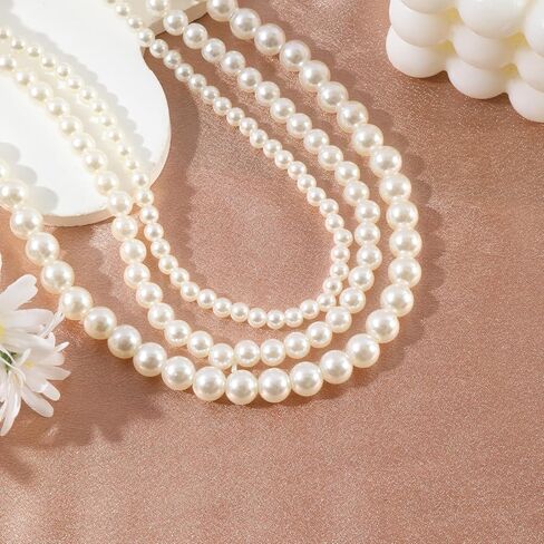 3-Piece Pearl Necklace Set for Brides – Stretch Adjustable Elastic Cord, Graduated Pearl Sizes for Layered Wedding Jewelry, Hypoallergenic Bridal Gift in Saudi Arabia
