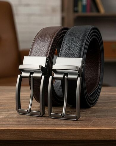 Reversible Leather Belt For Men - 2-in-1 Casual & Dress Belts for Men - Adjustable Rotatable Buckle in Saudi Arabia