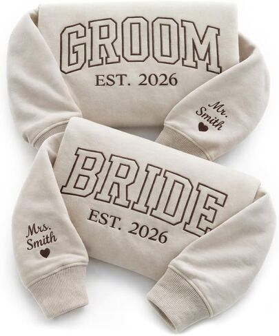 Custom Embroidered Sweatshirt for Groom and Bride, Personalized Embroidery Bride Sweatshirt for Women with Text on Sleeve, Gifts for Mr and Mrs, for Wedding, Engaged, Bridal Shower in Saudi Arabia