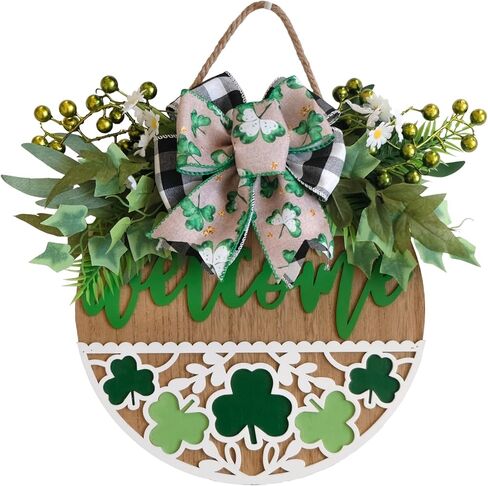 idyllic 16" St. Patrick’s Day Welcome Sign for Front Door St. Patrick’s Day Wood Door Wreath with Shamrock Carving Leaves Berries Bow Decoration for Home Farmhouse Spring Summer Indoor/Outdoor in Saudi Arabia