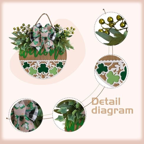 idyllic 16" St. Patrick’s Day Welcome Sign for Front Door St. Patrick’s Day Wood Door Wreath with Shamrock Carving Leaves Berries Bow Decoration for Home Farmhouse Spring Summer Indoor/Outdoor in Saudi Arabia