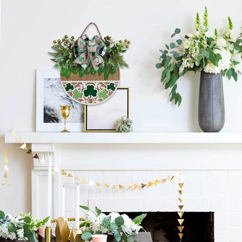 idyllic 16" St. Patrick’s Day Welcome Sign for Front Door St. Patrick’s Day Wood Door Wreath with Shamrock Carving Leaves Berries Bow Decoration for Home Farmhouse Spring Summer Indoor/Outdoor in Saudi Arabia