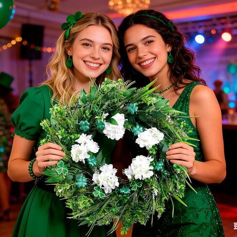 22 "اكاليل عيد القديس باتريك للباب الأمامي، نبات النفل الأخضر وأكاليل الكوبية البيضاء الاصطناعية مع أضواء LED، اكليلا من الزهور عطلة الربيع لديكور المنزل الشرفة نافذة الجدار in Kuwait