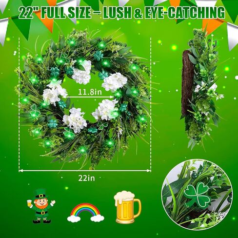 22 "اكاليل عيد القديس باتريك للباب الأمامي، نبات النفل الأخضر وأكاليل الكوبية البيضاء الاصطناعية مع أضواء LED، اكليلا من الزهور عطلة الربيع لديكور المنزل الشرفة نافذة الجدار in Kuwait
