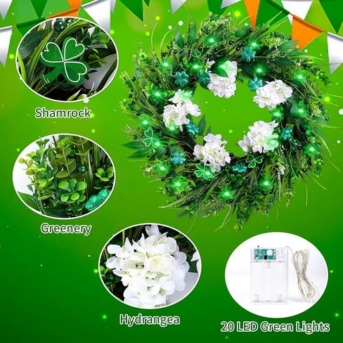 22 "اكاليل عيد القديس باتريك للباب الأمامي، نبات النفل الأخضر وأكاليل الكوبية البيضاء الاصطناعية مع أضواء LED، اكليلا من الزهور عطلة الربيع لديكور المنزل الشرفة نافذة الجدار in Kuwait