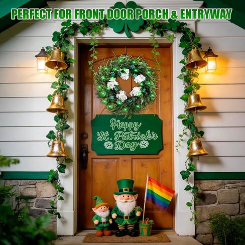 22 "اكاليل عيد القديس باتريك للباب الأمامي، نبات النفل الأخضر وأكاليل الكوبية البيضاء الاصطناعية مع أضواء LED، اكليلا من الزهور عطلة الربيع لديكور المنزل الشرفة نافذة الجدار in Kuwait