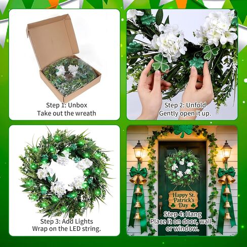 22 "اكاليل عيد القديس باتريك للباب الأمامي، نبات النفل الأخضر وأكاليل الكوبية البيضاء الاصطناعية مع أضواء LED، اكليلا من الزهور عطلة الربيع لديكور المنزل الشرفة نافذة الجدار in Kuwait
