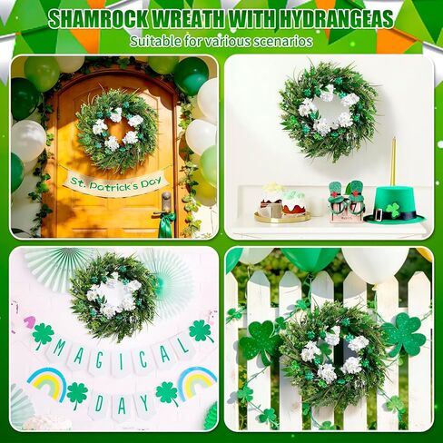 22 "اكاليل عيد القديس باتريك للباب الأمامي، نبات النفل الأخضر وأكاليل الكوبية البيضاء الاصطناعية مع أضواء LED، اكليلا من الزهور عطلة الربيع لديكور المنزل الشرفة نافذة الجدار in Kuwait