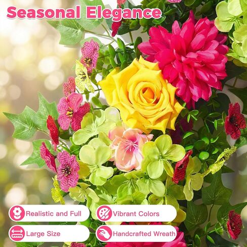 مارتين مول اكاليل الربيع للباب الأمامي 24 بوصه كبيره الربيع الصيف باب اكليلا نابض بالحياة الملونة الكوبية روز اكاليل الزهور الاصطناعية اكليلا من الزهور للداخلية في الهواء الطلق جدار مزرعة الشرفة نافذة الديكور in Kuwait