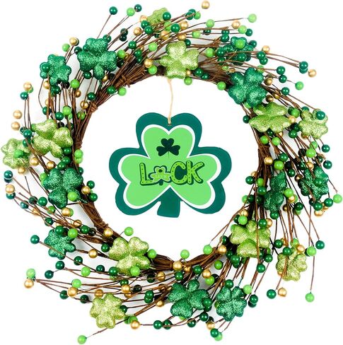 St. Patrick's Day Shamrocks Wreath for Front Door, 18Inch Artificial Glitter Berries Wreath Large Luck Wood Sign for Irish St. Patrick's Day Decorations Wall Home Decor Irish Party Decor Gifts in Saudi Arabia