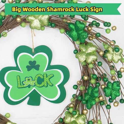 St. Patrick's Day Shamrocks Wreath for Front Door, 18Inch Artificial Glitter Berries Wreath Large Luck Wood Sign for Irish St. Patrick's Day Decorations Wall Home Decor Irish Party Decor Gifts in Saudi Arabia