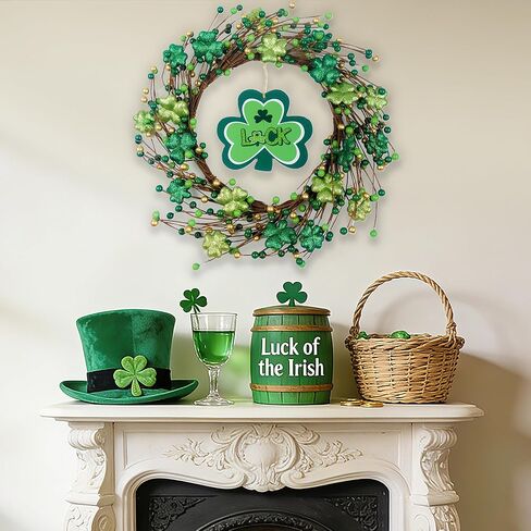 St. Patrick's Day Shamrocks Wreath for Front Door, 18Inch Artificial Glitter Berries Wreath Large Luck Wood Sign for Irish St. Patrick's Day Decorations Wall Home Decor Irish Party Decor Gifts in Saudi Arabia