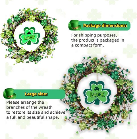 St. Patrick's Day Shamrocks Wreath for Front Door, 18Inch Artificial Glitter Berries Wreath Large Luck Wood Sign for Irish St. Patrick's Day Decorations Wall Home Decor Irish Party Decor Gifts in Saudi Arabia