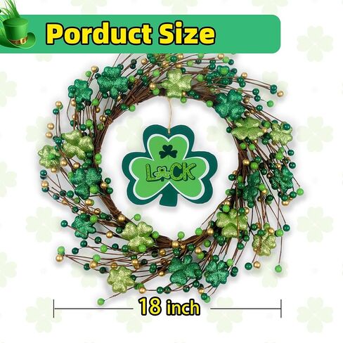 St. Patrick's Day Shamrocks Wreath for Front Door, 18Inch Artificial Glitter Berries Wreath Large Luck Wood Sign for Irish St. Patrick's Day Decorations Wall Home Decor Irish Party Decor Gifts in Saudi Arabia