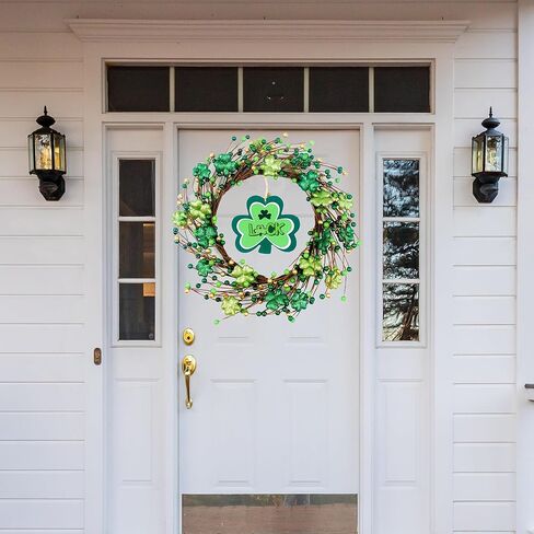 St. Patrick's Day Shamrocks Wreath for Front Door, 18Inch Artificial Glitter Berries Wreath Large Luck Wood Sign for Irish St. Patrick's Day Decorations Wall Home Decor Irish Party Decor Gifts in Saudi Arabia
