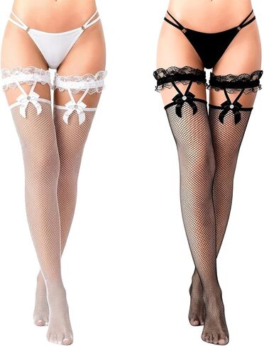 2 Pairs Thigh High Fishnet Stockings Lace Bow Suspenders Hold Up Mesh Knee High Socks for Women in Saudi Arabia