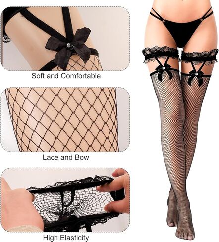 2 Pairs Thigh High Fishnet Stockings Lace Bow Suspenders Hold Up Mesh Knee High Socks for Women in Saudi Arabia