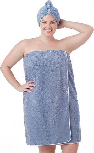 Towel Wrap for Women Plus Size (4XL-6XL) with Hair Towel Wrap, Microfiber Bath Wrap Soft & Comfortable Absorb Water Body Wrap Oversized Button Design, Blue in Saudi Arabia