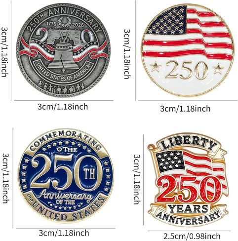 4 قطع من دبابيس الذكرى السنوية الـ 250 لأمريكا في الولايات المتحدة الأمريكية 250 عامًا من دبابيس طية صدر السترة التذكارية من المينا 1776-2026 شارة معدنية بأزرار للتذكار وهدية عيد الاستقلال الوطني in Kuwait