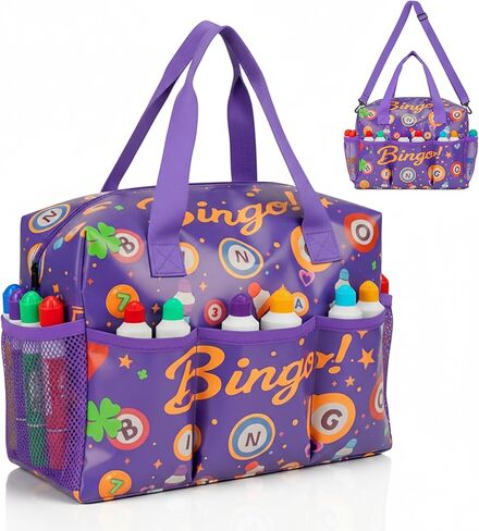 حقيبة بينجو مع جيوب من أجل Bingo Daubers Dabbers Dobbers Dotters ملحقات ألعاب البنغو المقاومة للماء للبالغين وكبار السن، وحدة تخزين محمولة لمستلزمات البنغو في الكازينو (أرجواني) in Kuwait