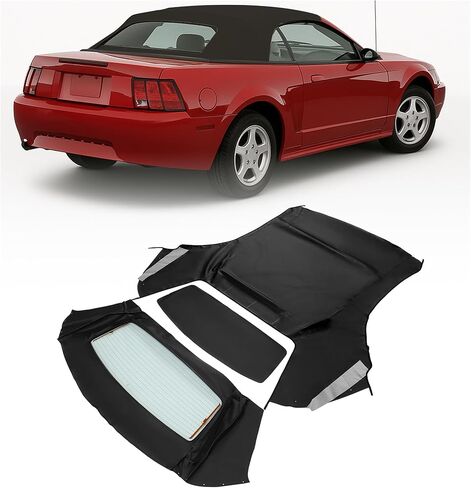 غطاء علوي ناعم قابل للتحويل من ECOTRIC متوافق مع غطاء سقف فورد موستانج كابريو 1994-2004 مع نافذة زجاجية ساخنة من الفينيل الأسود من قماش الشراع in Saudi Arabia