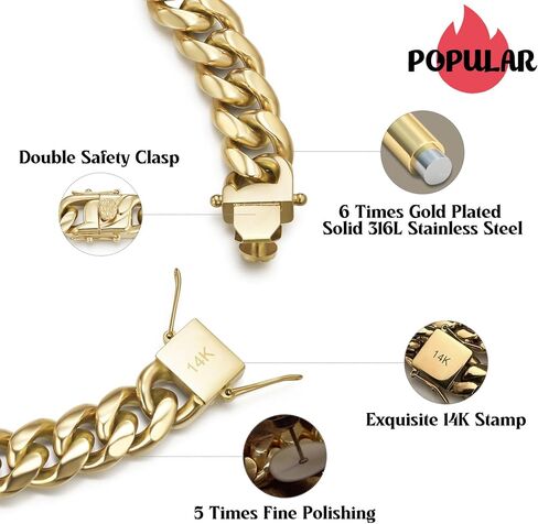 CG&KYGG سوار كوبي مطلي بالذهب 12 مم 18 مم 14 قيراط للرجال، قلادة سلسلة من الفولاذ المقاوم للصدأ 316L مكتنزة للنساء، هدية لعيد الميلاد والعطلات (عبوة رقيقة، مشبك أمان مزدوج مع ختم 14 قيراط) in Kuwait