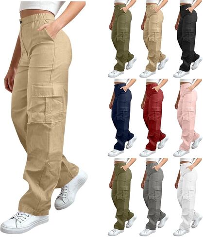Womens Baggy Cargo Pants Eastic Waist Pant Comfy Wide Leg Joggers with Pockets Cargo Sweatpants Y2k Pant Streetwear in Kuwait
