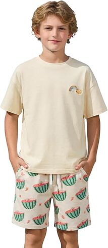 Haloumoning Boys 2 Piece Beach Outfit Kids Summer Short Sleeve T-Shirts and Graphic Shorts Set Hawaiian Vacation Outfits in Saudi Arabia