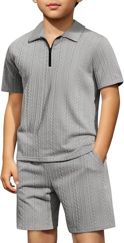 Haloumoning Boys 2 Piece Summer Outfits Kids Quarter Zip Polo Shirt and Shorts Set Athletic Tracksuit 5-14 Years in Kuwait