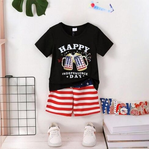 Patriotic Boy Shorts Set, 4th of July T-shirt & Striped Shorts Outfit for Kids 4-7 Years in Saudi Arabia